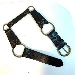 CAbi Black Leather and Brass Rings Statement Belt